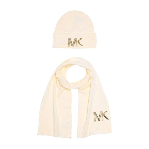 Michael Kors Womens Cream Knit Dome Studded Beanie Hat and Scarf 2 Pc Set New - Picture 1 of 9